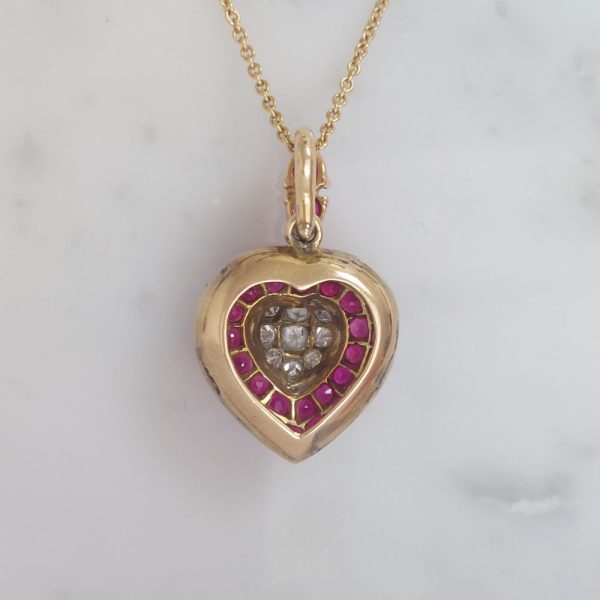 Vintage Ruby and Diamond Heart Pendant Necklace