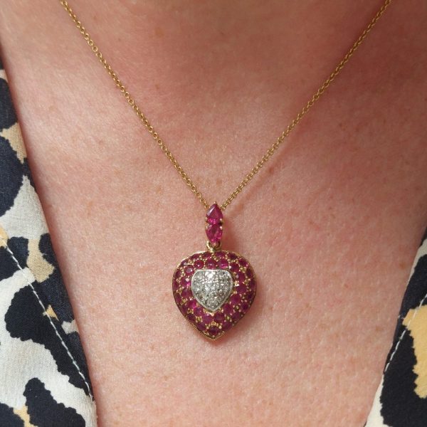 Vintage Ruby and Diamond Heart Pendant Necklace
