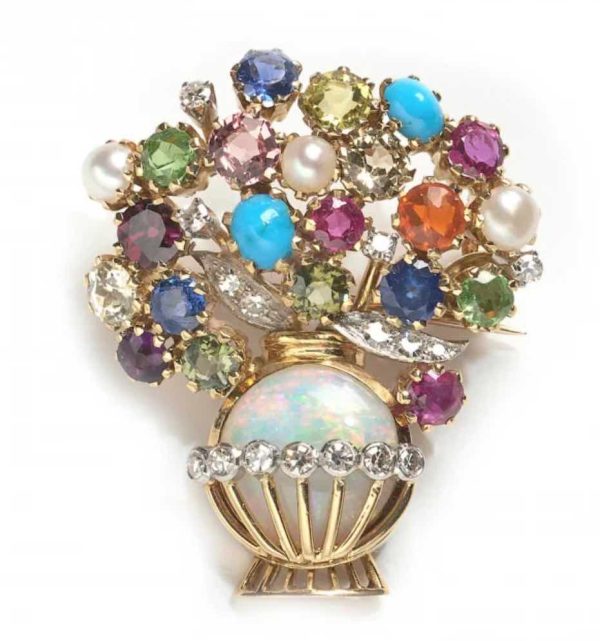 Vintage gemstone and diamond basket flower brooch London UK