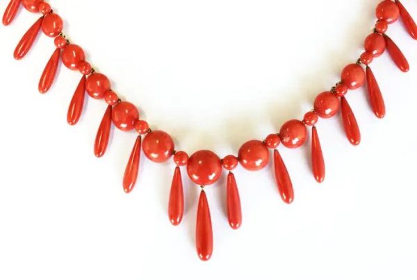 Antique Coral Fringe Necklace and Earrings Suite