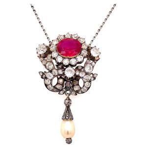 Victorian Antique Natural Burma Ruby Diamond and Pearl Pendant
