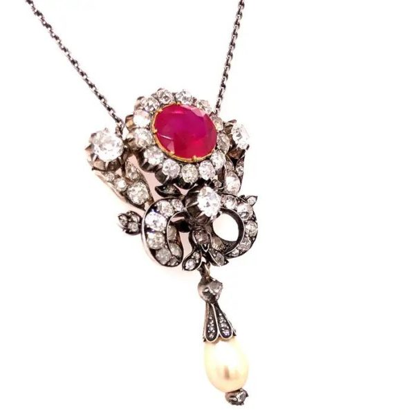 Victorian Antique 4.32ct Certified Natural Burma Ruby Diamond and Pearl Pendant, 6 carats