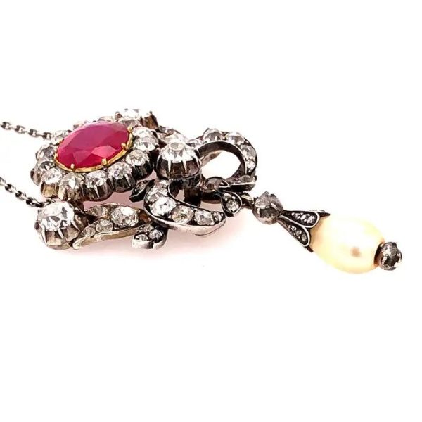 Victorian Antique 4.32ct Certified Natural Burma Ruby Diamond and Pearl Pendant, 6 carats