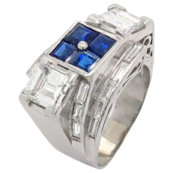 Art Deco Square Cut Sapphire and Diamond Ring in Platinum