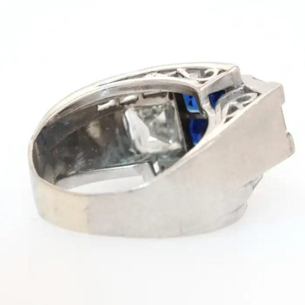 Art Deco Princess Cut Sapphire and Diamond Ring in Platinum