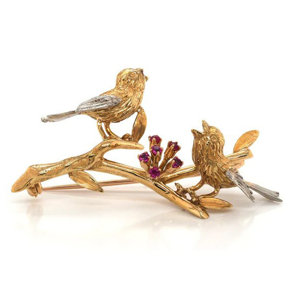 18ct Yellow Gold Brooch of Birds on Branch - Jewellery Discovery