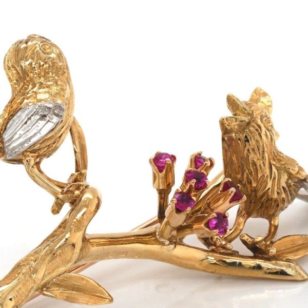 18ct Yellow Gold Brooch of Birds on Branch