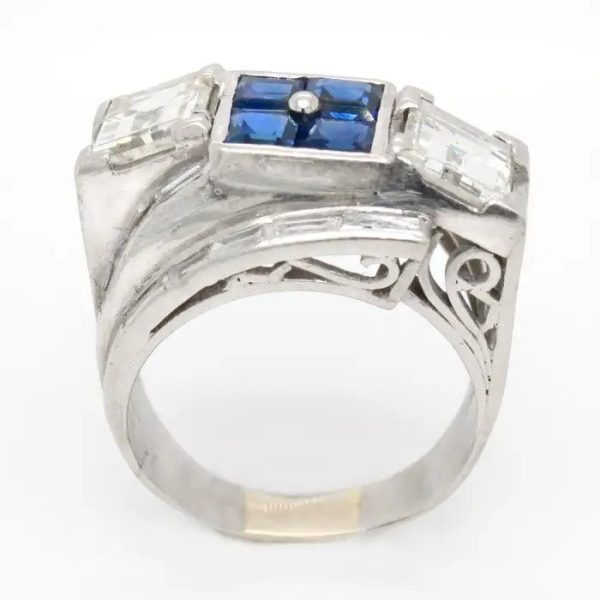 Art Deco Princess Cut Sapphire and Diamond Ring in Platinum