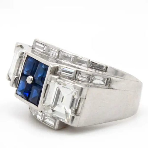 Art Deco Princess Cut Sapphire and Diamond Cluster Dress Ring in Platinum