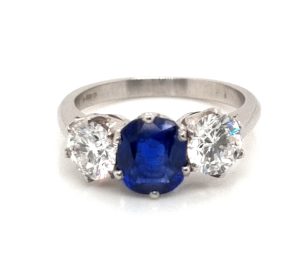 Vintage Burma Sapphire and Diamond Trilogy Engagement Ring