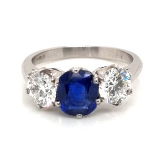 Vintage Burma Sapphire and diamond three stone ring No heat