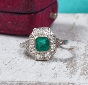 Art Deco Emerald and Diamond Cluster Dress Ring
