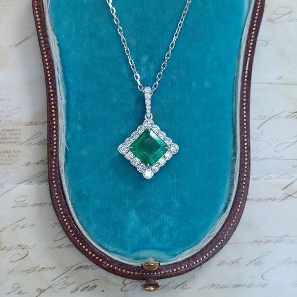 Square Cut Emerald and Diamond cluster Pendant