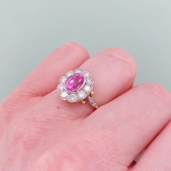 1.60ct Oval Pink Sapphire and Diamond Floral Cluster Ring