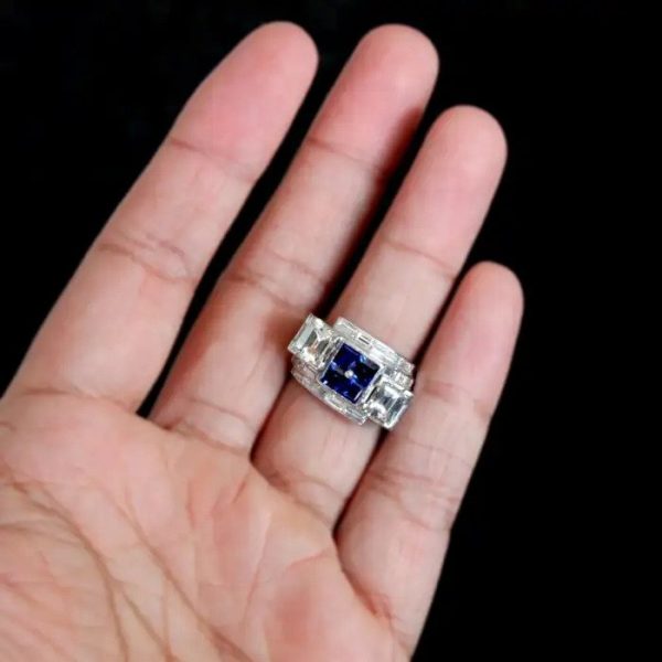 Art Deco Carre Cut Sapphire and Diamond Ring in Platinum