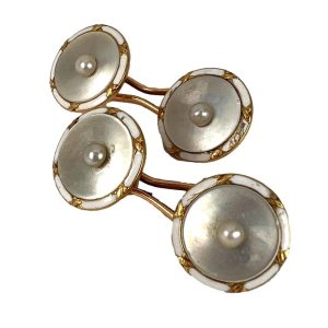 French Gold Mother of Pearl and Enamel Cufflinks