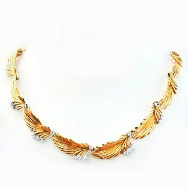Vintage 1950s Van Cleef Arpels Diamond Set Gold Palm Leaf Feather Link Collar Necklace