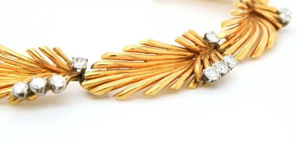 Vintage 1950s Van Cleef Arpels Diamond Set Gold Palm Leaf Feather Link Necklace