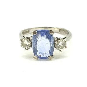 Vintage Natural Sapphire and Diamond Three Stone Ring