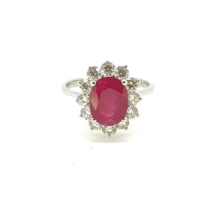 Modern 2.21ct Oval Ruby and Diamond Cluster Engagement Ring
