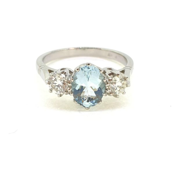 1.01ct Aquamarine and Diamond Three Stone Engagement Ring in Platinum