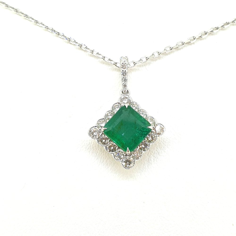 Modern 2.11ct Square Cut Emerald and Diamond Pendant - Jewellery Discovery