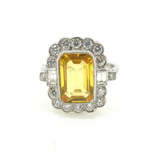 Yellow Sapphire and Diamond Cluster Ring in Platinum, 3.60 carats