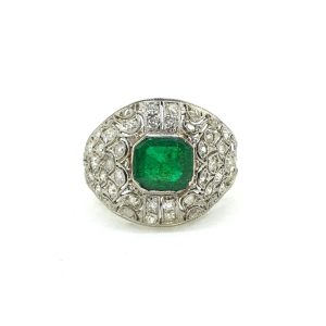 Art Deco French Emerald and Diamond Bombe Ring