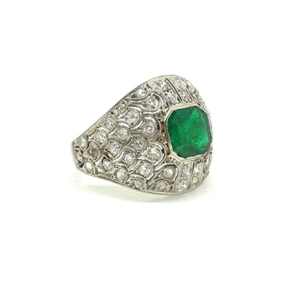 Art Deco French Emerald and Diamond Bombe Ring