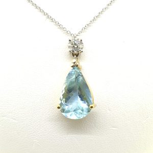 Pear Cut 6.70ct Aquamarine and Diamond Drop Pendant Necklace