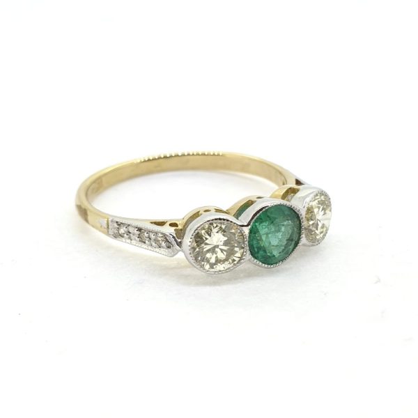 Emerald and Diamond Three Stone Engagement Ring rubover set