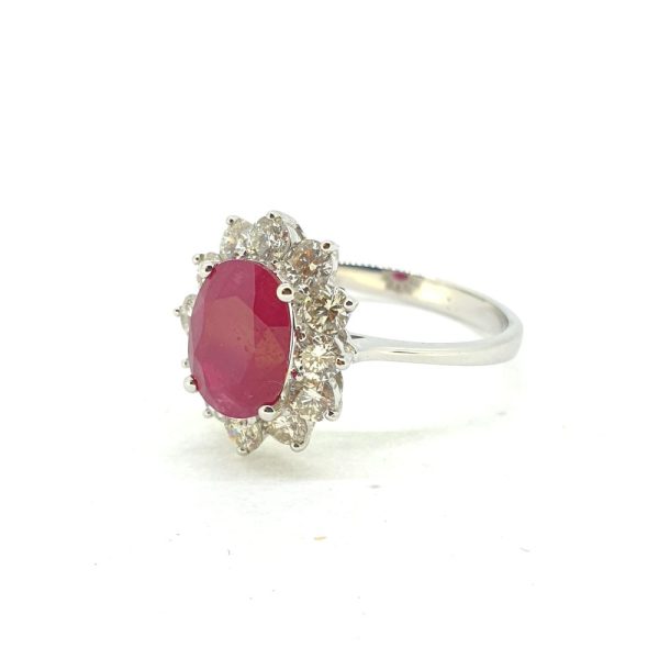 Modern 2.21ct Oval Ruby and Diamond Floral Cluster Engagement Ring in 18ct White Gold