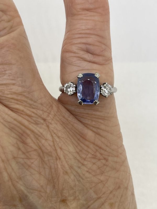 Vintage Natural Sapphire and Diamond Three Stone Engagement Ring