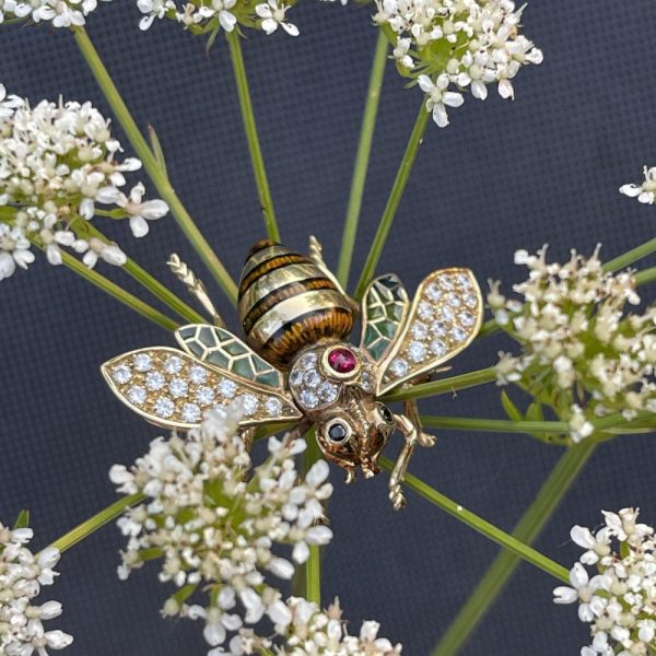 Vintage Plique a Jour Enamel and Diamond Bee Brooch with Ruby and Sapphire