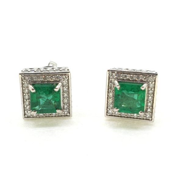 1.84ct Square Cut Emerald and Diamond Cluster Stud Earrings