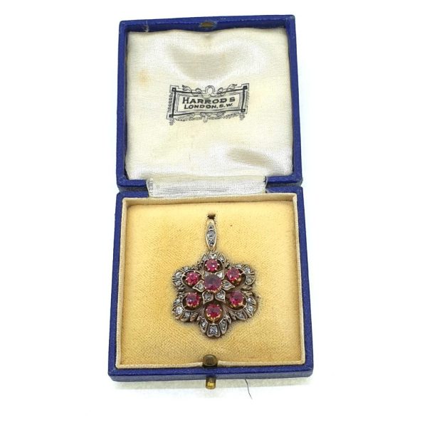 Antique Natural Ruby and Diamond Floral Cluster Pendant