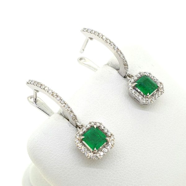 0.92ct Emerald and Diamond Cluster Drop Earrings
