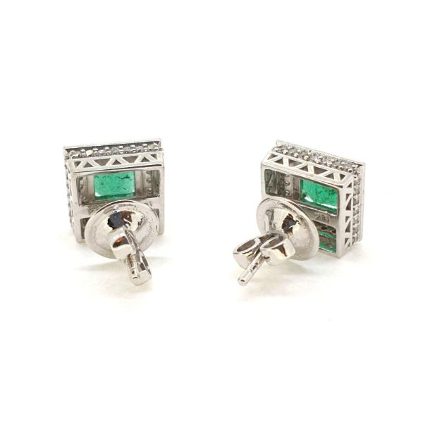 1.84ct Emerald and Diamond Square Cluster Stud Earrings