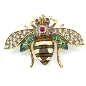 Vintage Plique a Jour Enamel and Diamond Bee Brooch with Ruby and Sapphire