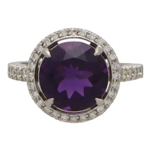 Amethyst and Diamond Halo Cluster Engagement Ring