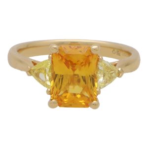 3.05ct Radiant Cut Orange Sapphire and Trillion Cut Fancy Yellow Diamond Three Stone Engagement Ring