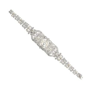 Art Deco 8.90ct Diamond and Natural Pearl Bracelet in Platinum