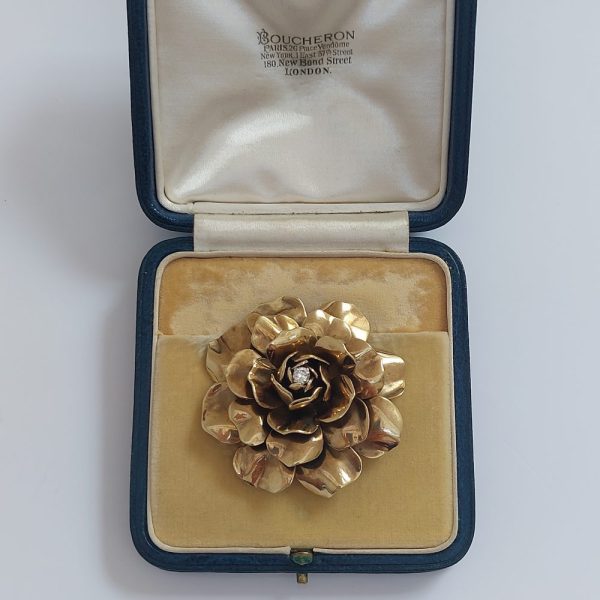 Boucheron Diamond Set Gold Rose Brooch