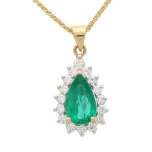 1.32ct Pear Cut Emerald and Diamond Cluster Pendant