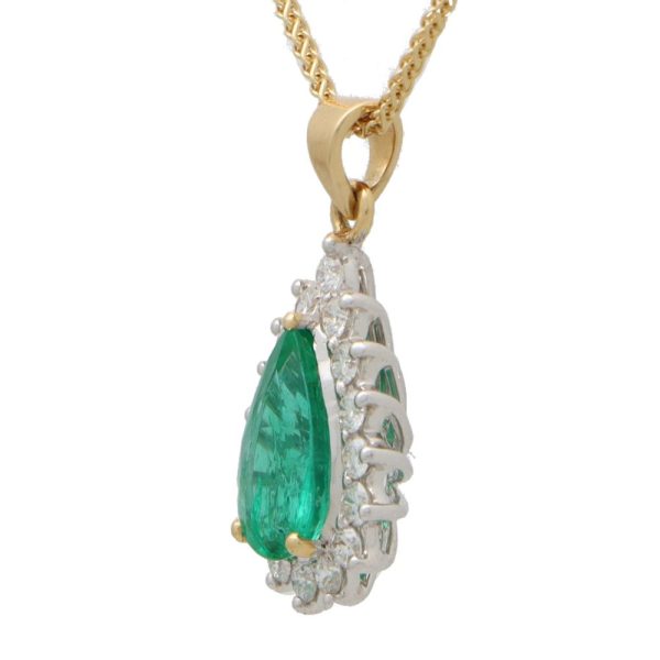 1.32ct Pear Cut Emerald and Diamond Cluster Pendant