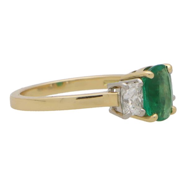 1.25ct Cushion Cut Emerald and Diamond Three Stone Engagement Ring