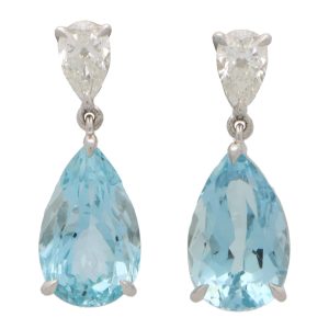 9.66ct Pear Cut Aquamarine and Diamond Drop Earrings