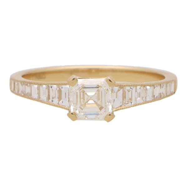 GIA Certified 0.60ct H VS1 Asscher Cut Diamond Engagement Ring in 18ct Yellow Gold with Tapering Baguette Diamond Shoulders