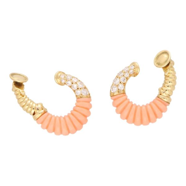 Vintage Van Cleef and Arpels Coral and Diamond Hoop Earrings, 18ct yellow gold graduated circular motifs set with carved pinkish-orange pieces of salmon colour coral and 0.85cts sparkling diamonds