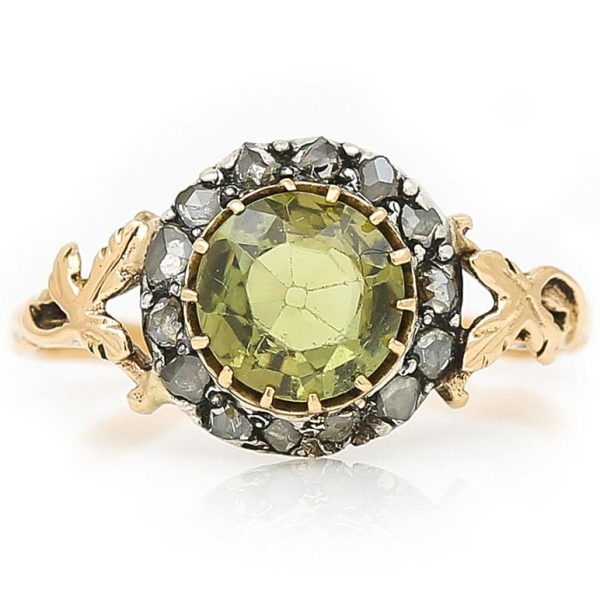 Early Victorian Antique Peridot and Rose Cut Diamond Cluster Engagement Ring Circa 1850 19th century